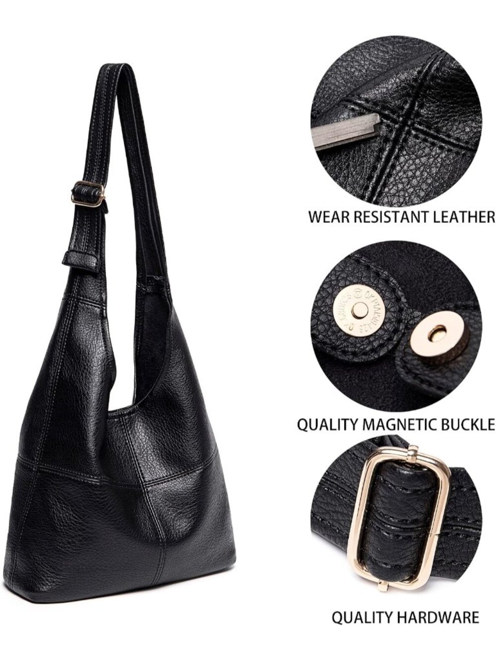 〽️Women Black Soft Slouchy Vegan Leather Matching Wristlet Hobo Shoulder Handbag - Picture 2 of 6